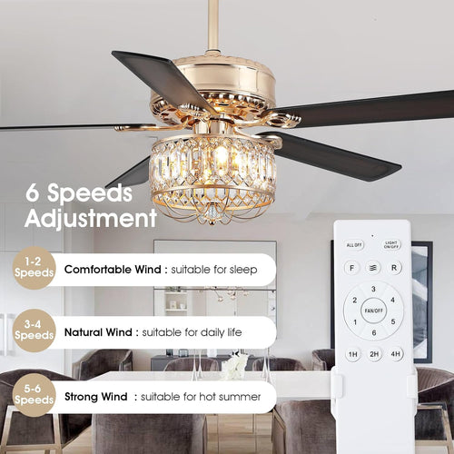 52Inch Farmhouse Crystal Ceiling Fans with Lights and Remote Control