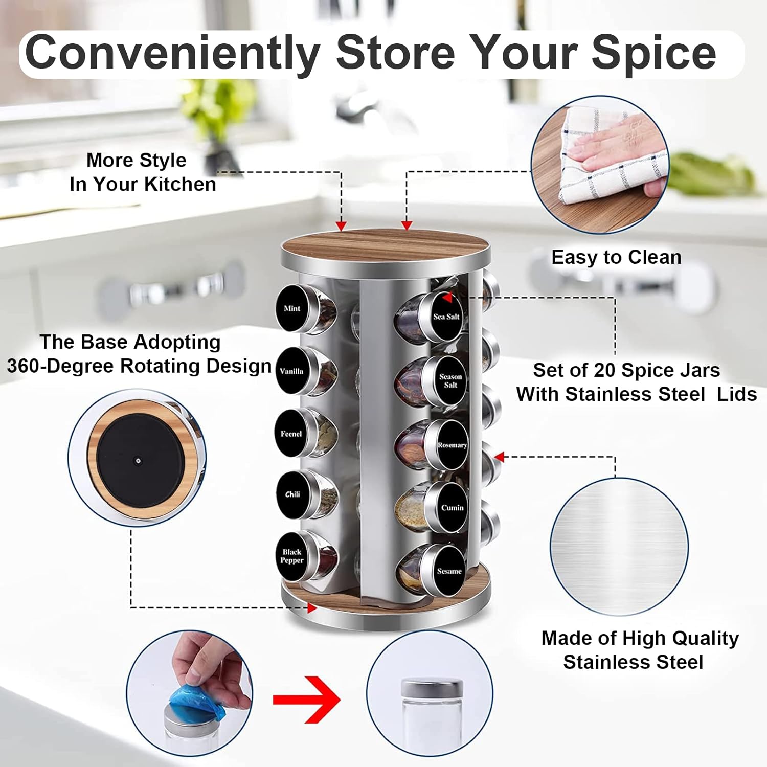 PUPPYCUTE Rotating Spice Rack Organizer with Jars (20Pcs)