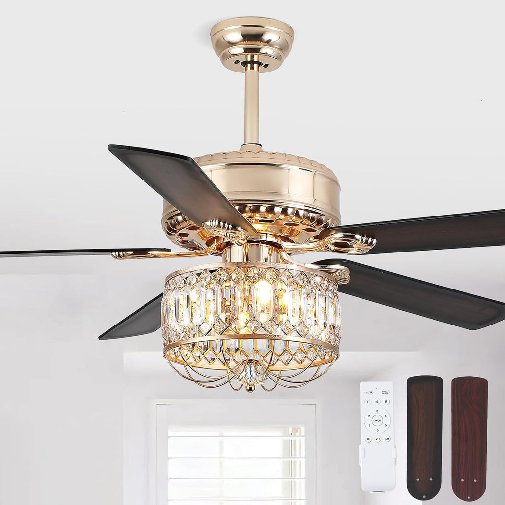 52Inch Farmhouse Crystal Ceiling Fans with Lights and Remote Control
