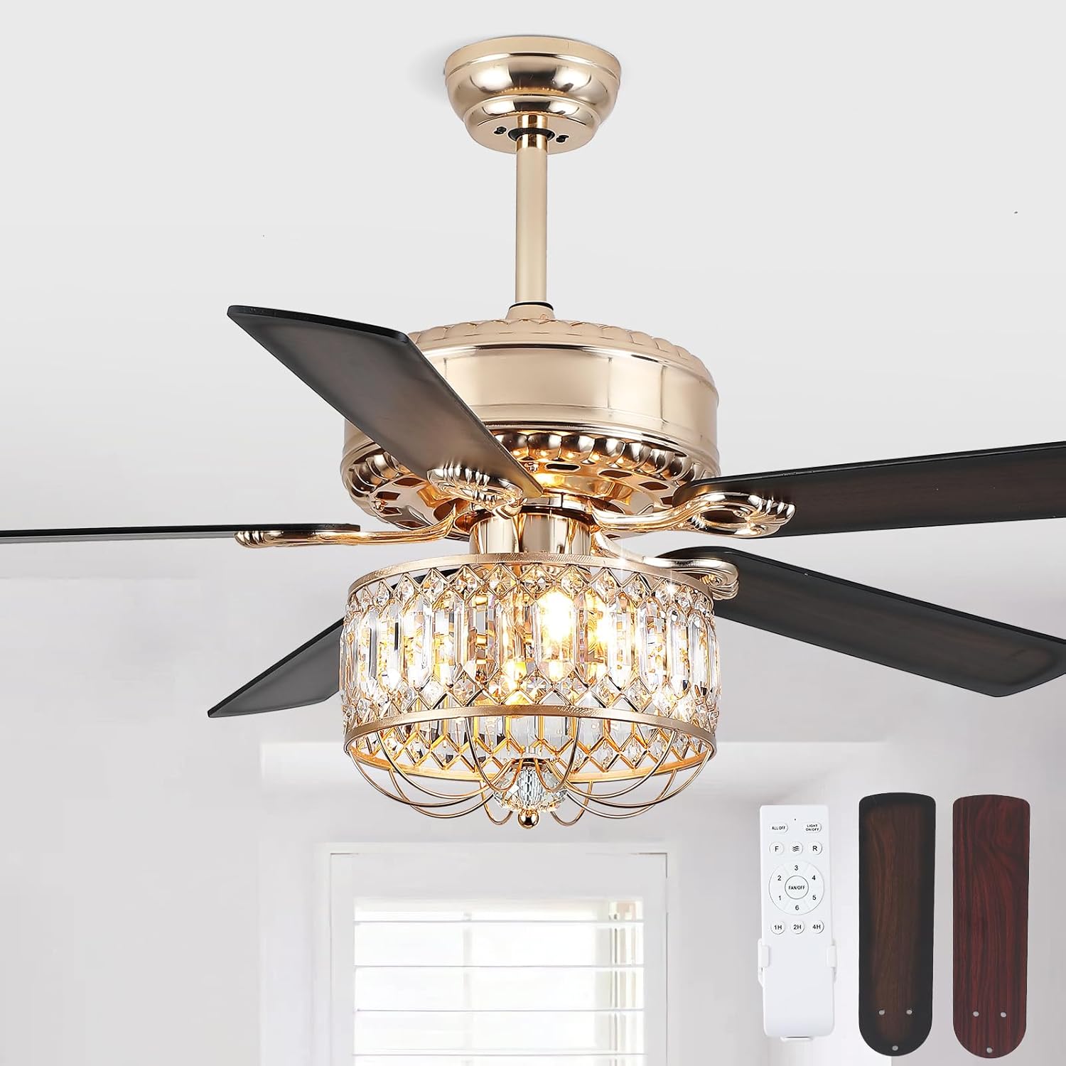 52Inch Farmhouse Crystal Ceiling Fans with Lights and Remote Control