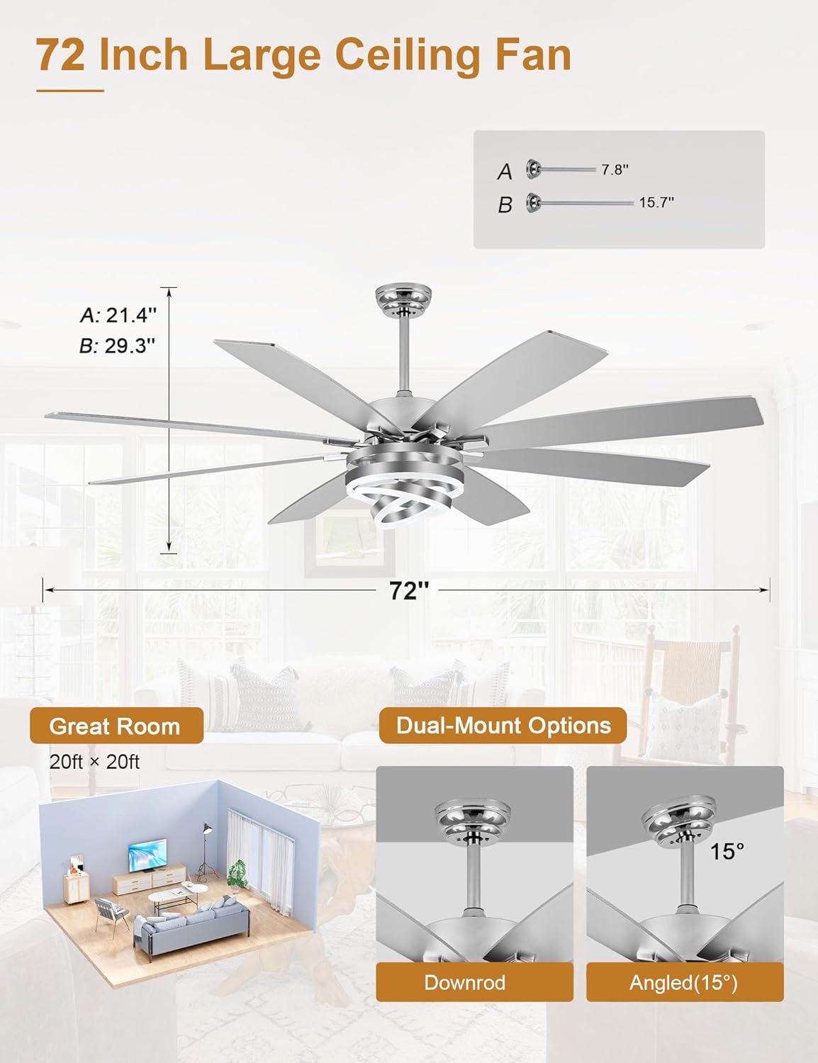 72 Inch Ceiling Fans with Lights, Dual Finish