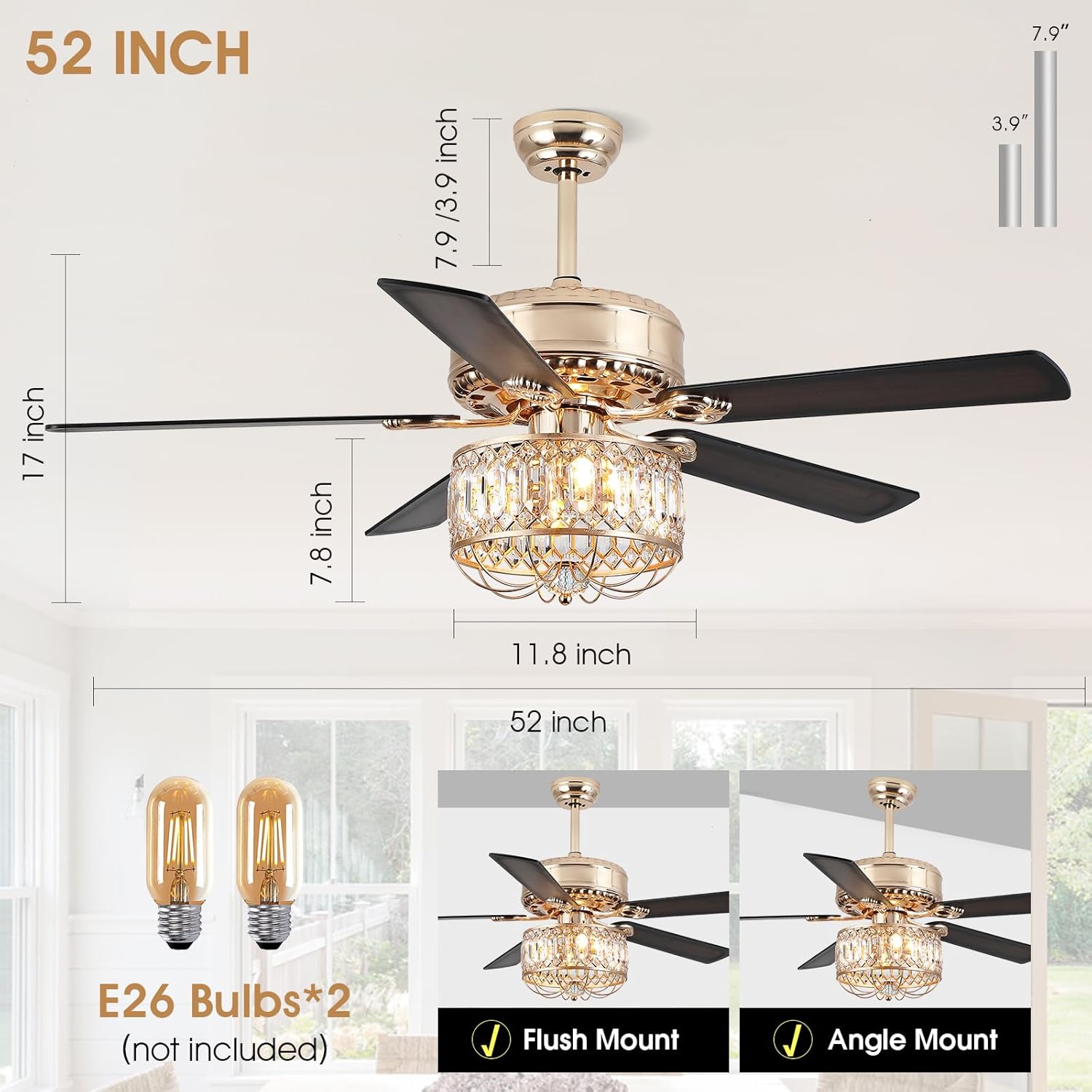 52Inch Farmhouse Crystal Ceiling Fans with Lights and Remote Control