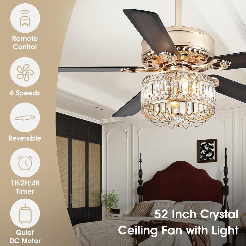 52Inch Farmhouse Crystal Ceiling Fans with Lights and Remote Control