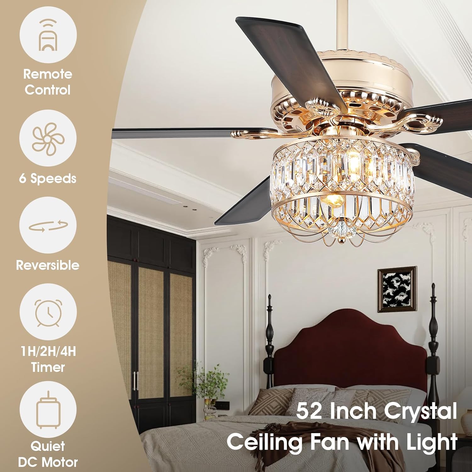 52Inch Farmhouse Crystal Ceiling Fans with Lights and Remote Control