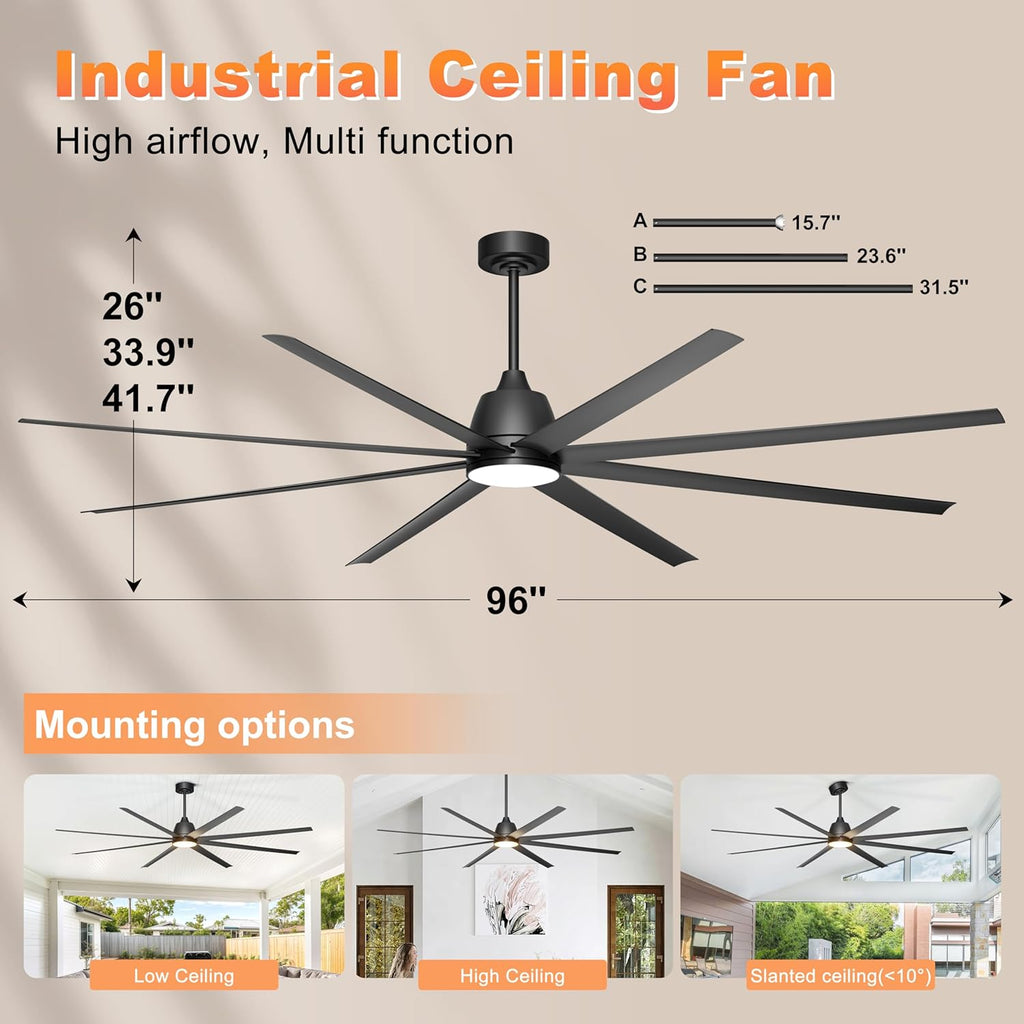 96 Inch Industrial Ceiling Fans with Lights, Large Outdoor Ceiling Fan with Remote/APP Control